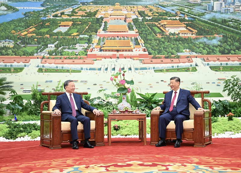 8月19日，中共中央总书记、国家主席习近平在北京人民大会堂同来华进行国事访问的越共中央总书记、国家主席苏林举行会谈。这是习近平同苏林进行小范围茶叙。