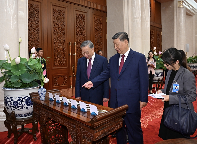 8月19日，中共中央总书记、国家主席习近平在北京人民大会堂同来华进行国事访问的越共中央总书记、国家主席苏林举行会谈。这是习近平同苏林进行小范围茶叙。