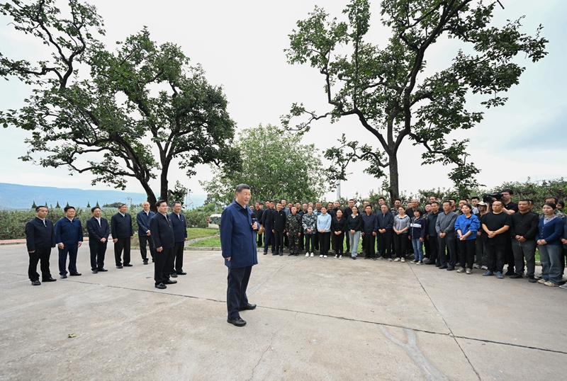 9月10日至13日，中共中央总书记、国家主席、中央军委主席习近平在甘肃考察。这是11日上午，习近平在天水市麦积区南山花牛苹果基地考察时，同当地农民群众和农技人员亲切交流。